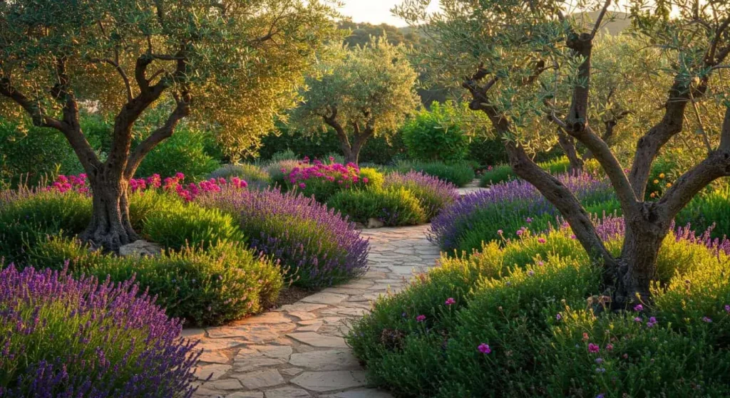 Drought-tolerant Mediterranean plants like olive trees and lavender in a sunlit garden