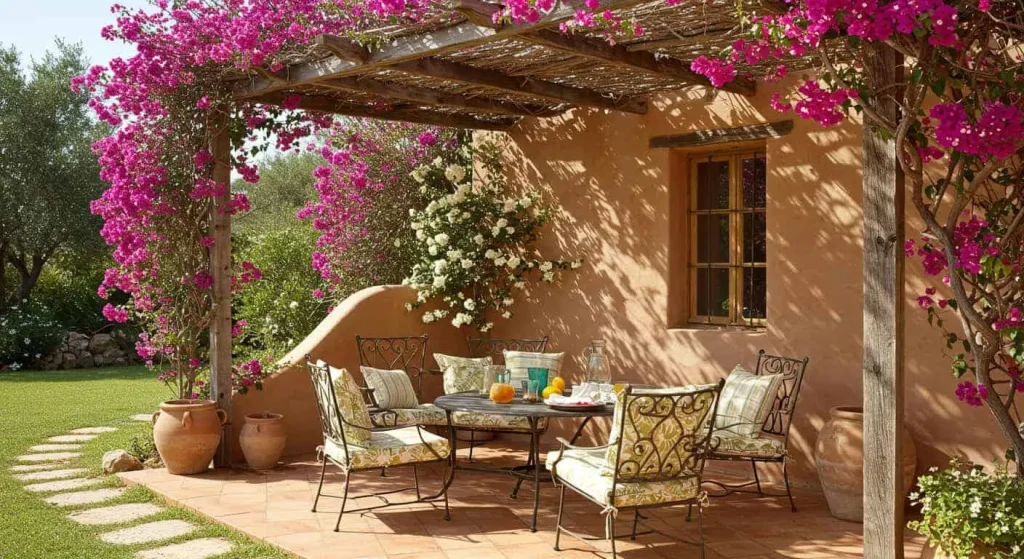 Terracotta tiles and stone pathways in a Mediterranean-inspired backyard