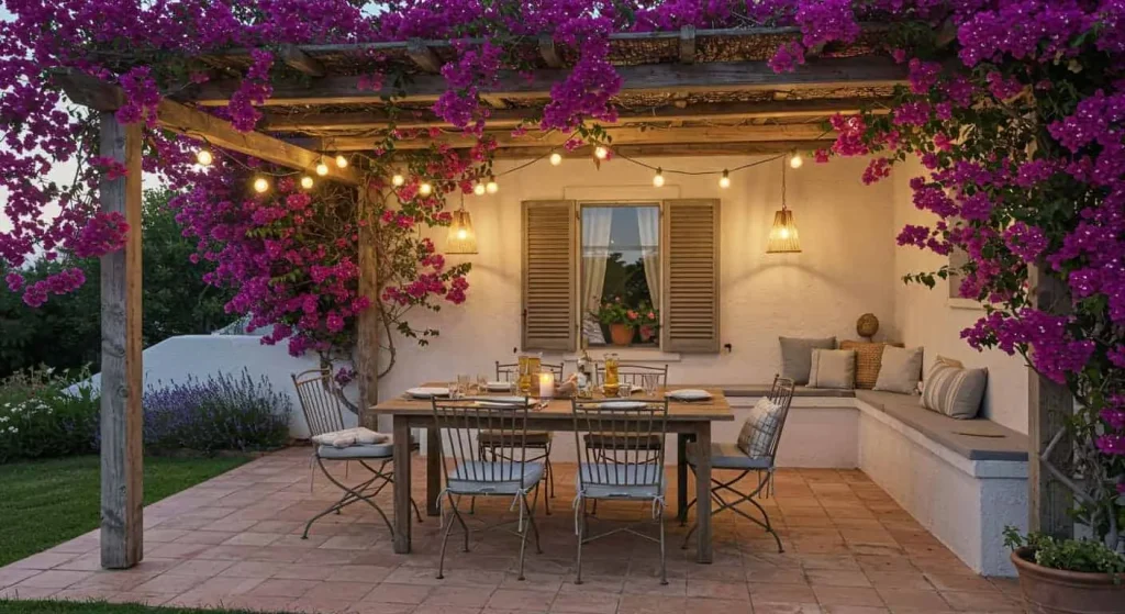 Cozy outdoor dining area under a pergola in a Mediterranean backyard