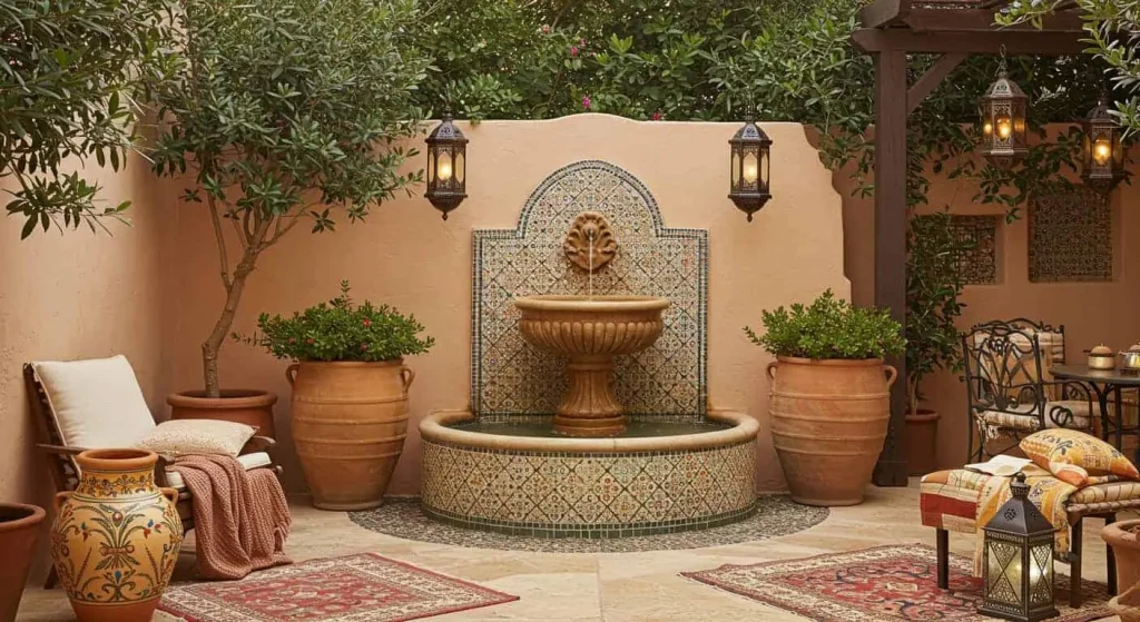 Decorative fountain and terracotta pots in a Mediterranean-inspired garden