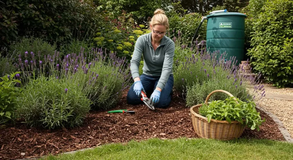 Gardener pruning lavender and refreshing mulch in a Mediterranean backyard