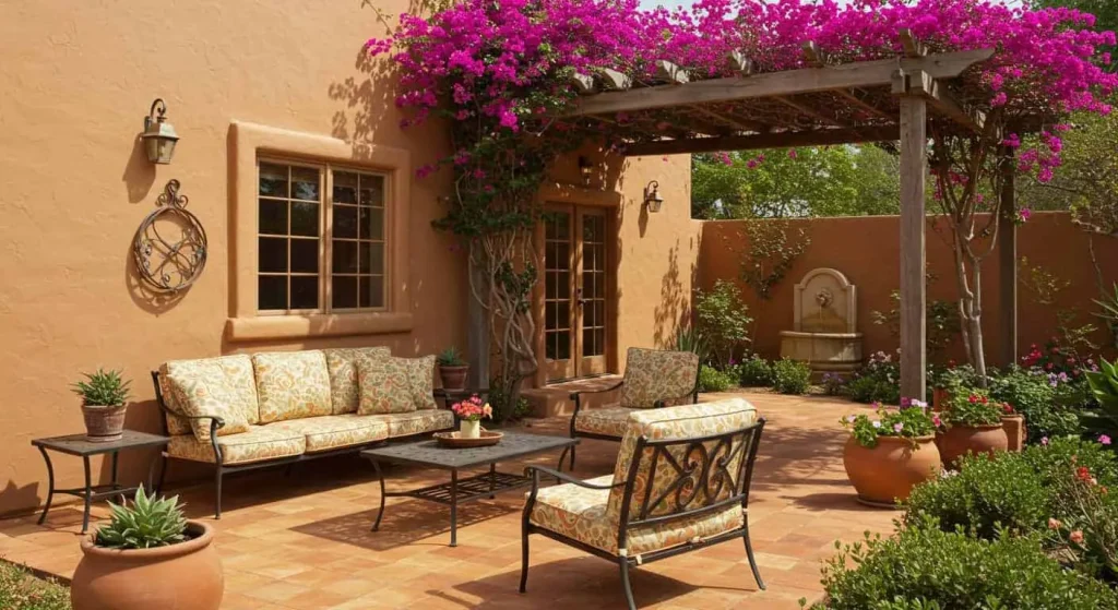 Stunning Mediterranean backyard with terracotta tiles, pergola, and vibrant plants