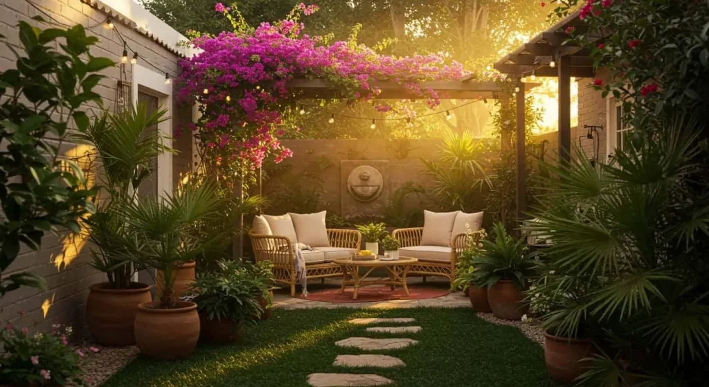 Stunning tropical backyard with lush greenery, cozy seating, and string lights