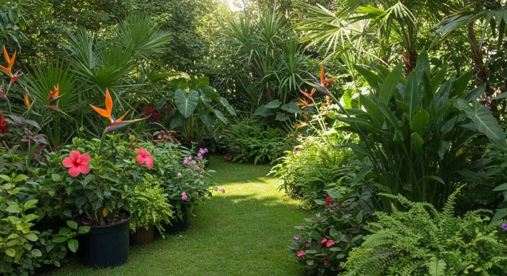 Affordable tropical plants like hibiscus and bird of paradise in a lush garden