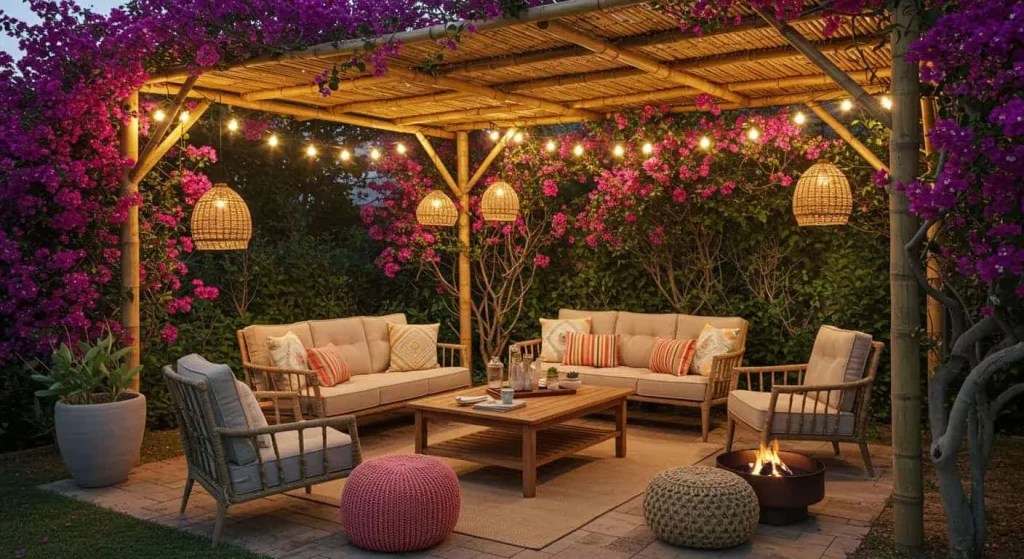 Cozy seating area under a bamboo pergola in a tropical backyard