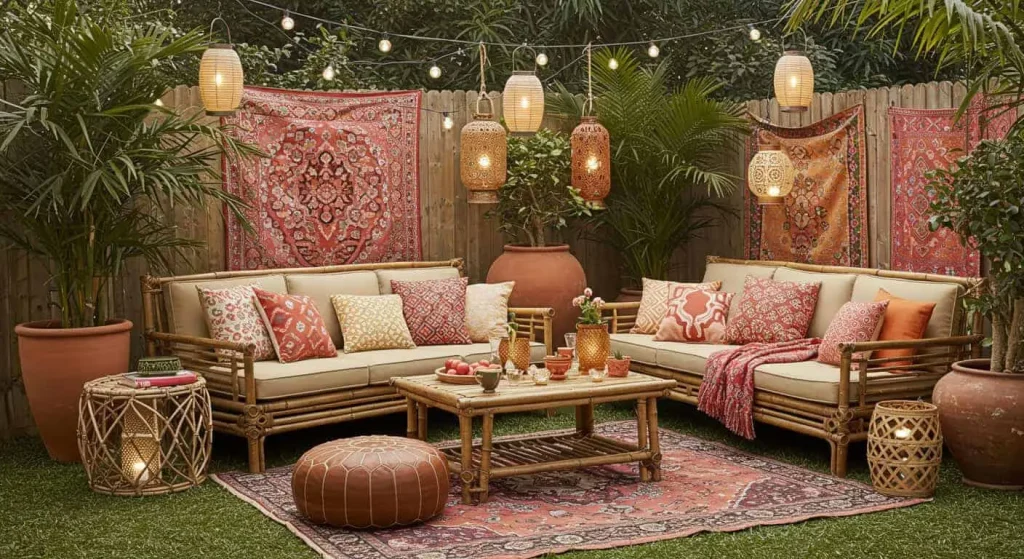 Tropical backyard decor with bamboo furniture and colorful textiles