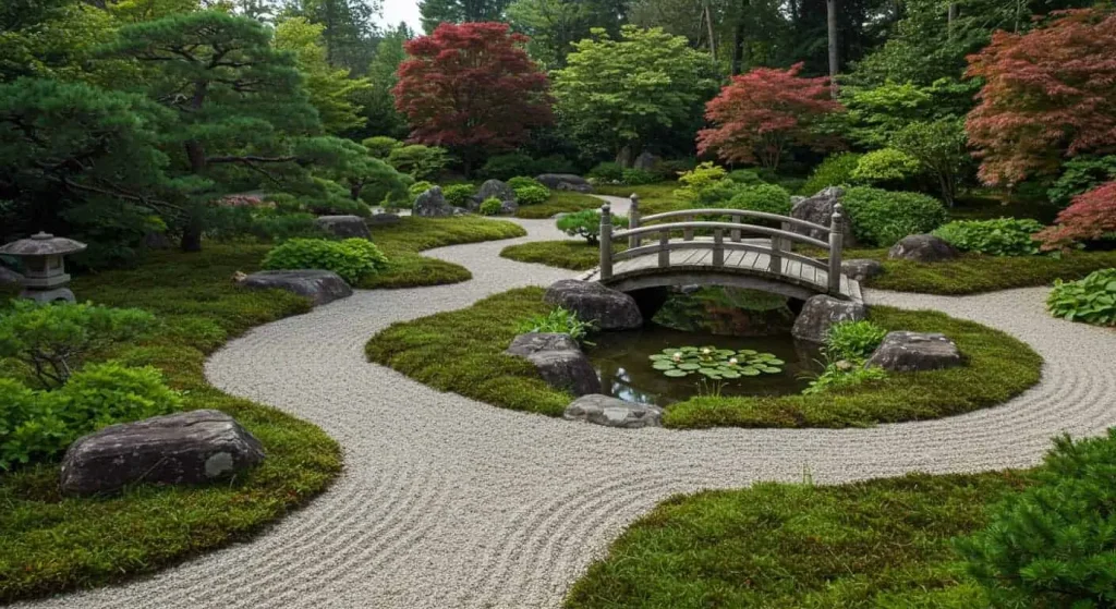 Serene Japanese garden with gravel patterns, stone lantern, and moss ground cover.