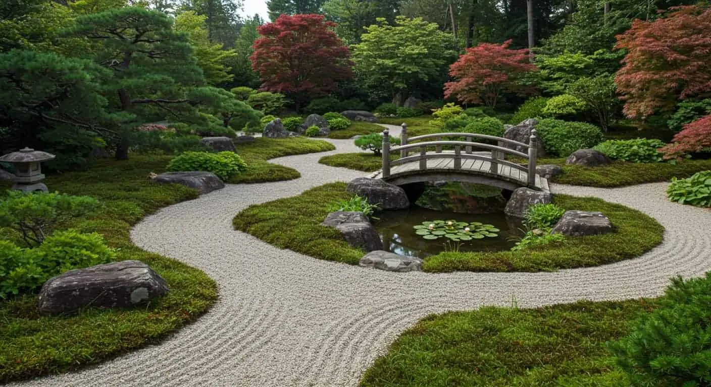 Serene Japanese garden with gravel patterns, stone lantern, and moss ground cover.