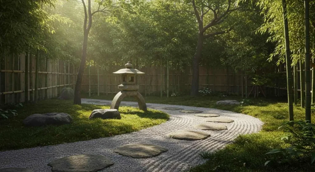 Minimalist Japanese garden with gravel path, stone lantern, and bamboo plants.