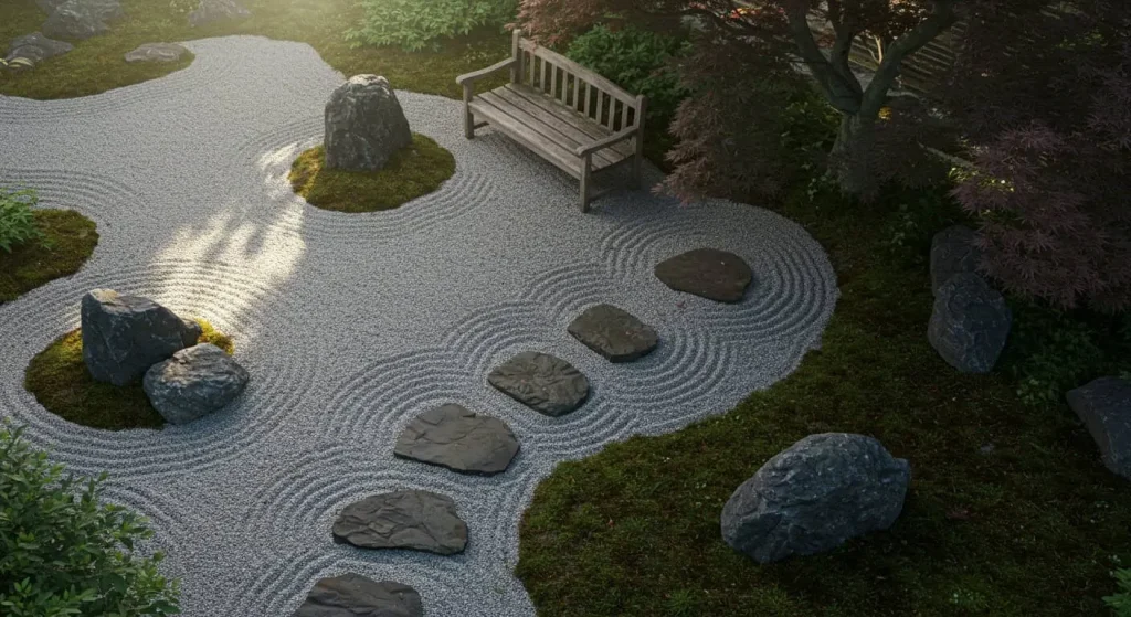 Bird's-eye view of a Zen garden with gravel patterns and stepping stones.