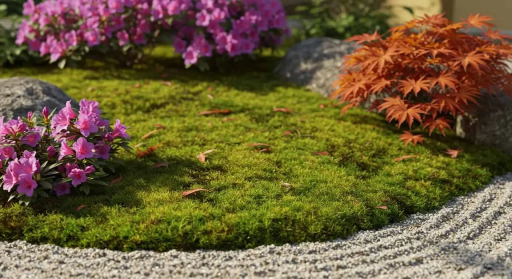 Close-up of moss, azaleas, and Japanese maple leaves in a garden.