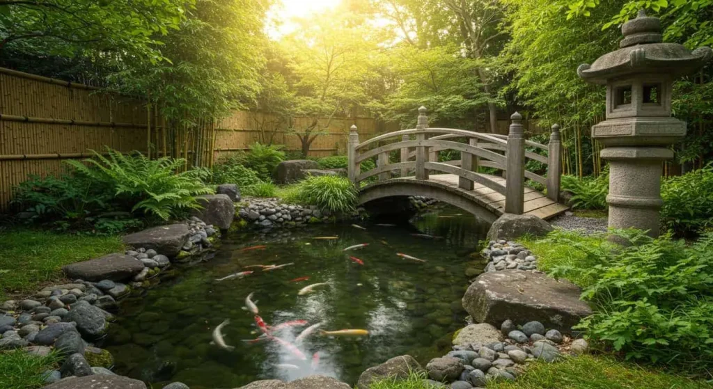 Koi pond with stone border, wooden bridge, and stone lantern.