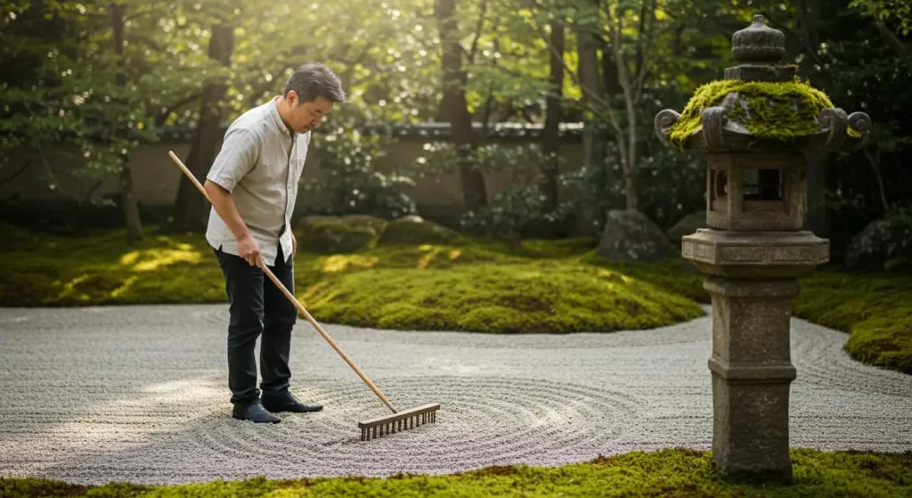 Person raking gravel in a Zen garden with stone lantern and moss.