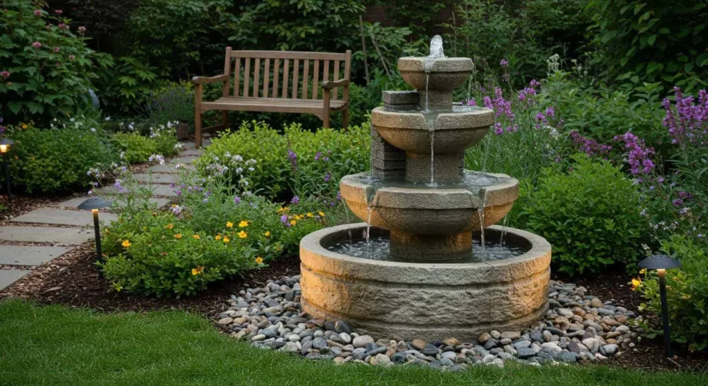 Small garden water feature with a tiered stone fountain surrounded by vibrant plants and flowers