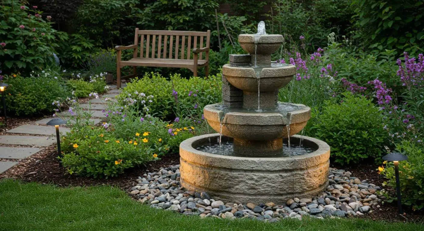 Small garden water feature with a tiered stone fountain surrounded by vibrant plants and flowers