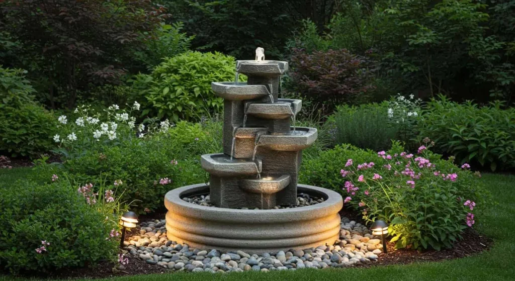 Small garden with a tiered stone fountain surrounded by vibrant plants and flowers