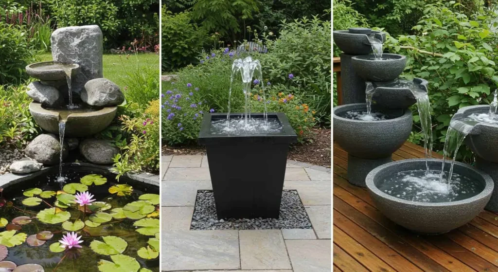 Examples of small garden water features including a mini pond, modern fountain, and cascading bowls