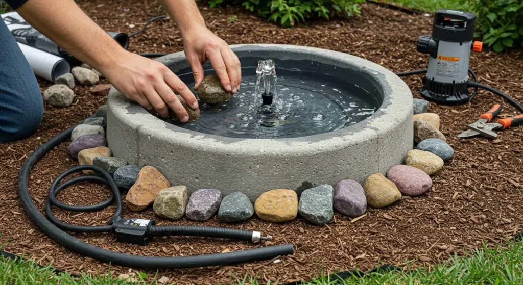 Hands arranging decorative stones around a small garden fountain during installation