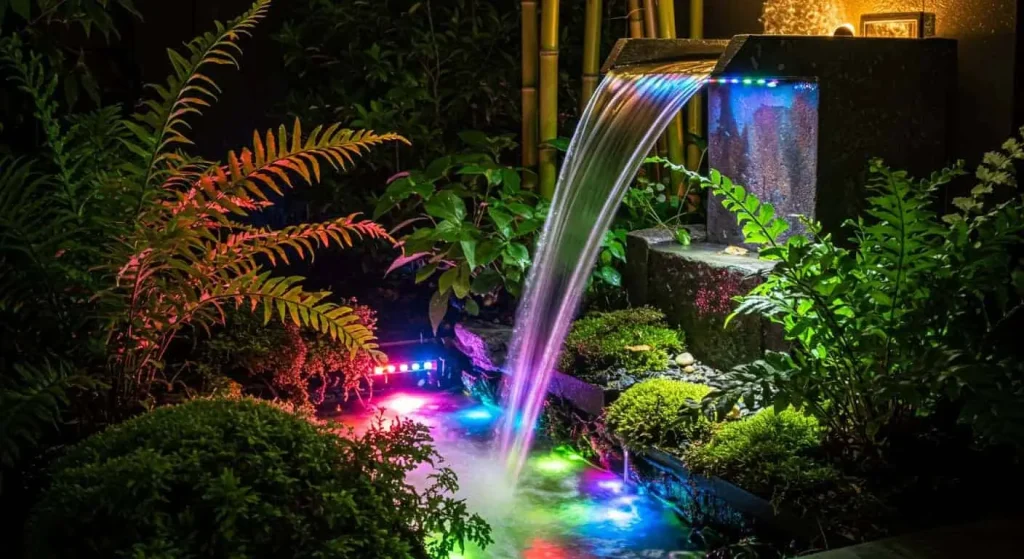 Small garden water feature illuminated with LED lights and surrounded by lush plants