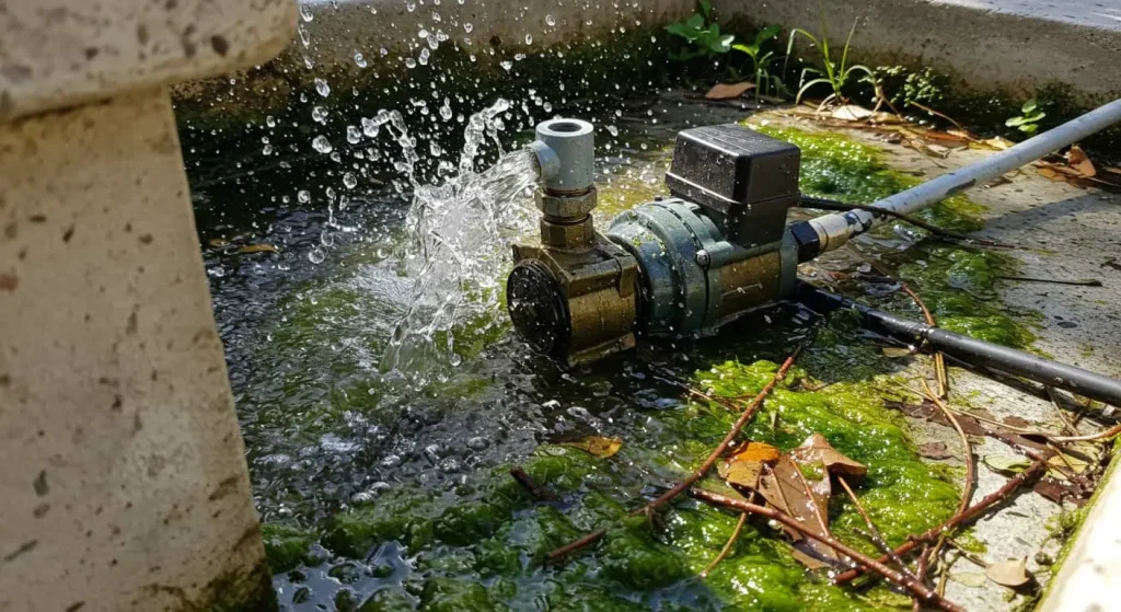 Example of improper pump placement and neglected water feature maintenance