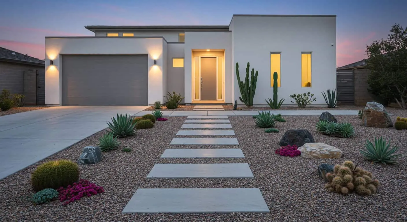 Front yard design without grass featuring gravel, succulents, and stepping stones