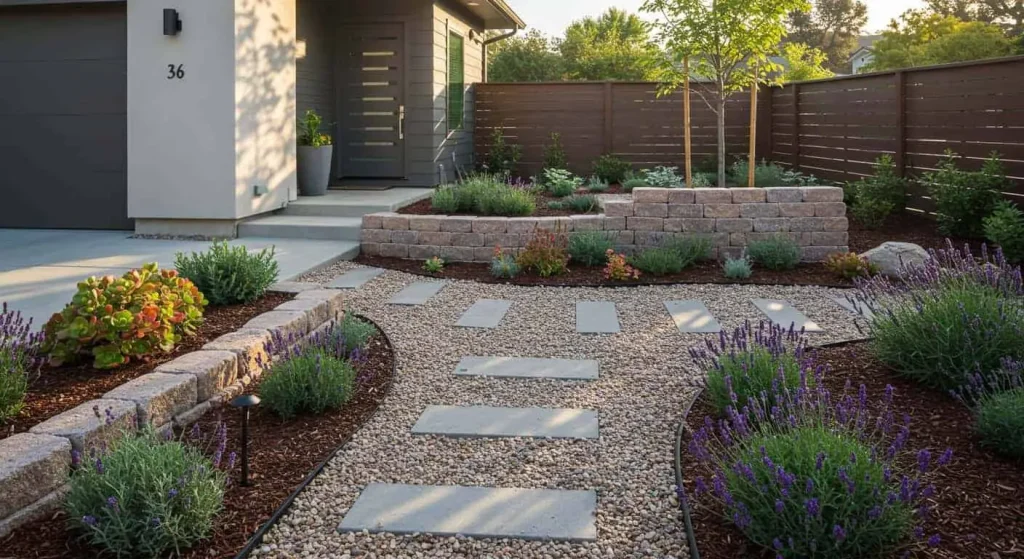 Eco-friendly front yard design without grass featuring succulents and gravel pathways