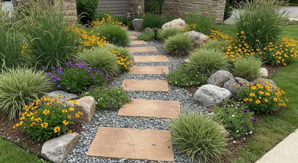 Front yard with stepping stones, decorative rocks, and native wildflowers