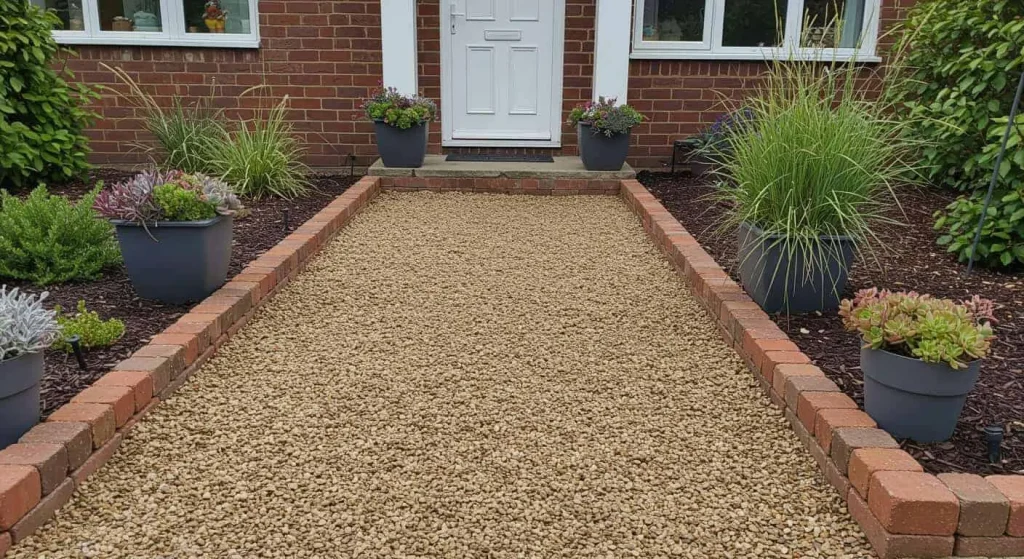 DIY front yard with gravel pathway and container gardens