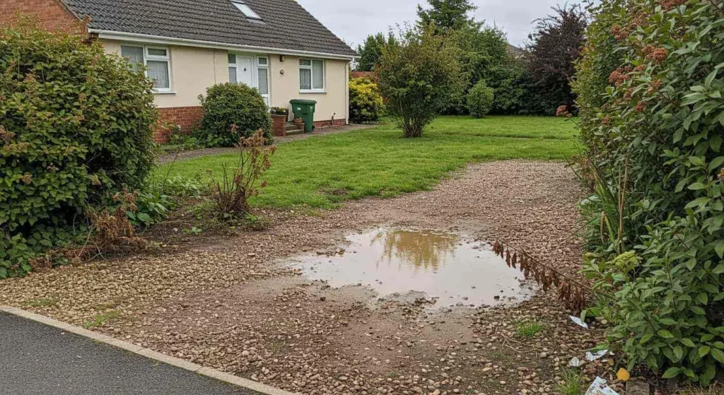 Example of poor drainage and neglected plants in a no-grass front yard