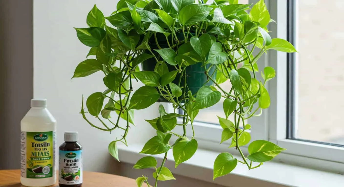 Healthy pothos plant in a hanging planter with a bottle of liquid fertilizer on a wooden windowsill, symbolizing proper plant care and nutrition.