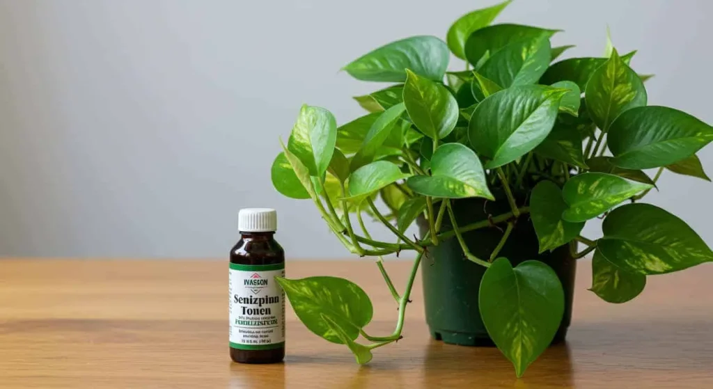 Healthy pothos plant with vibrant green leaves next to a bottle of liquid fertilizer, symbolizing proper plant nutrition.