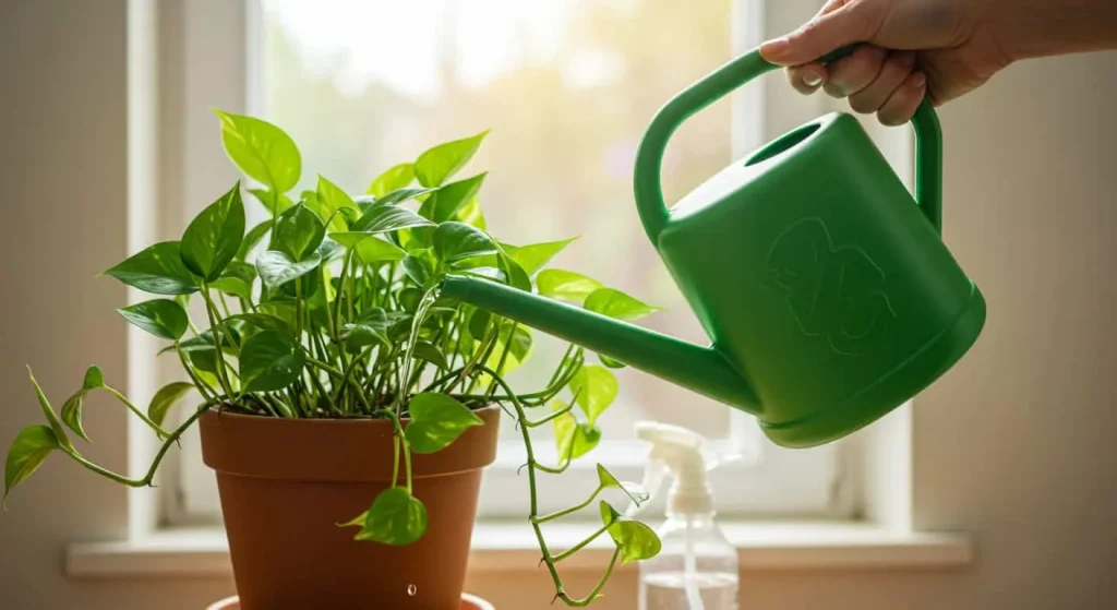 Hand watering a pothos plant with diluted liquid fertilizer, with a spray bottle for foliar feeding nearby.