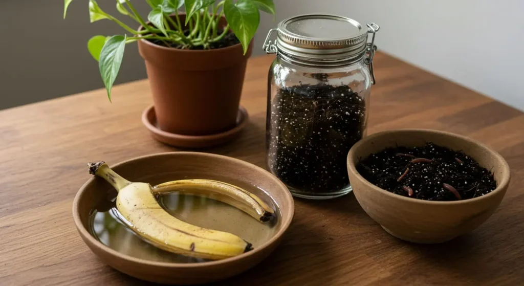 DIY and organic pothos plant food alternatives: banana peel tea, worm castings, and compost.