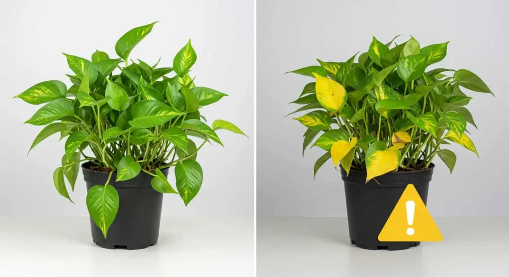 Comparison of a healthy pothos plant and an unhealthy pothos with yellow leaves and brown tips, highlighting common fertilization mistakes.