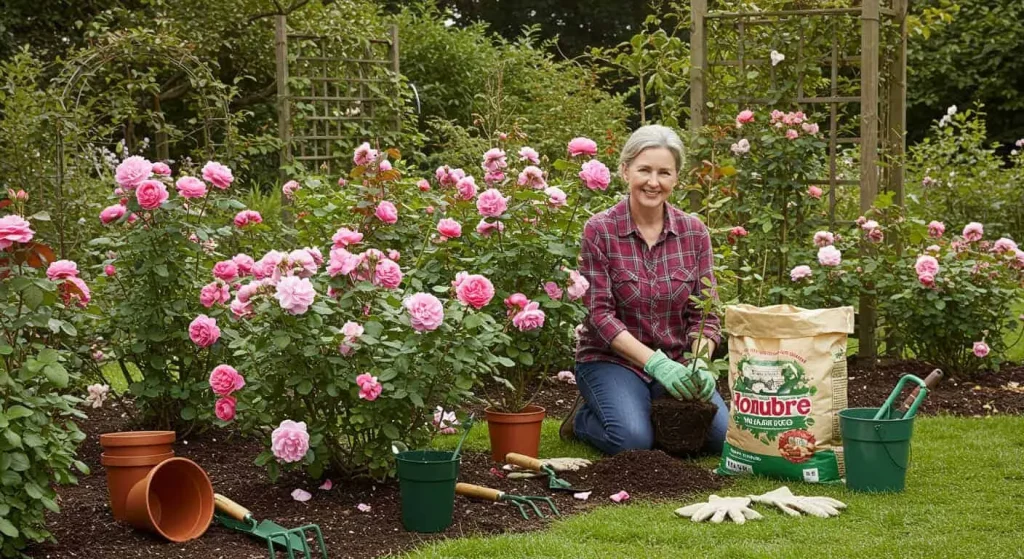 Close-up of heirloom roses in a sunny garden with a gardener planting a new rose bush, surrounded by tools and a wooden trellis.