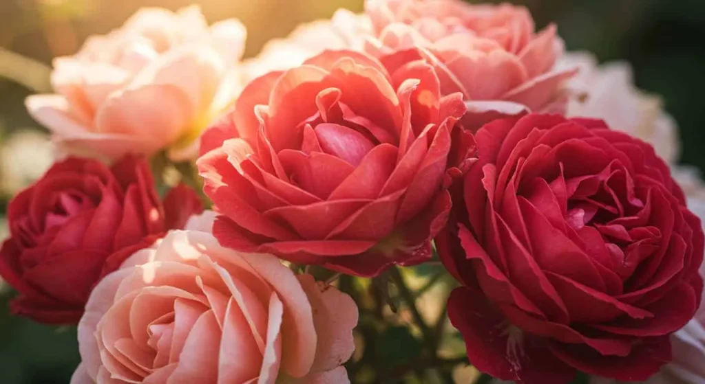 Close-up of heirloom roses in full bloom with sunlight illuminating their petals.