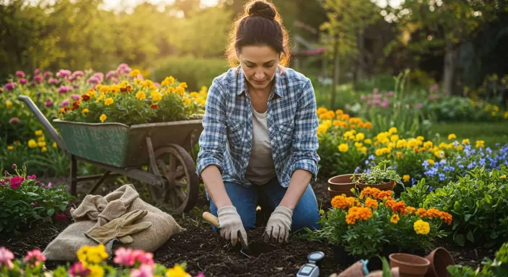 Gardener preparing soil for planting heirloom roses with tools and compost nearby.