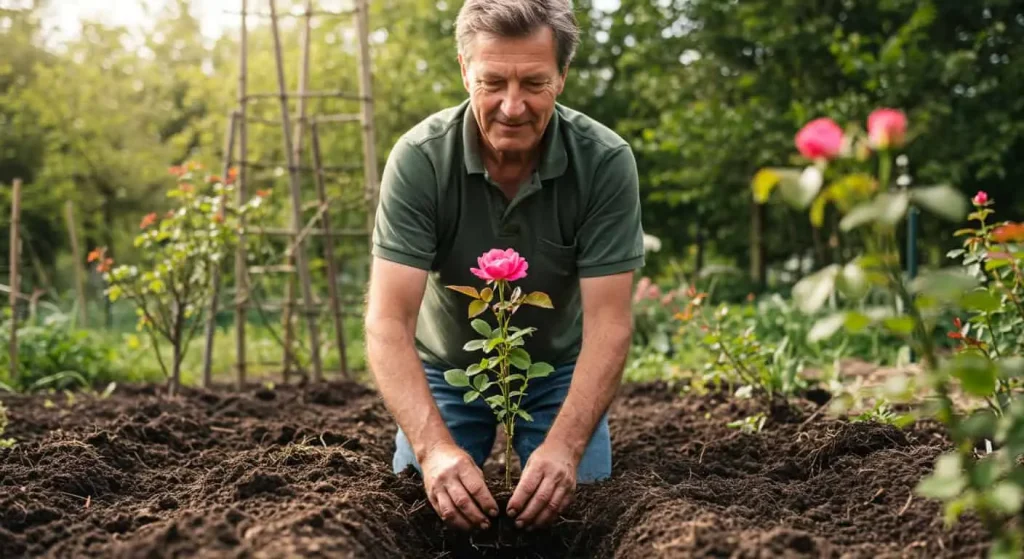 Gardener planting a young heirloom rose bush in a garden with a wooden trellis.