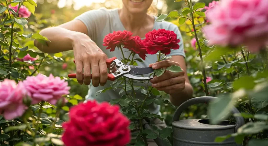 Gardener pruning heirloom roses with pruning shears and a watering can in view.