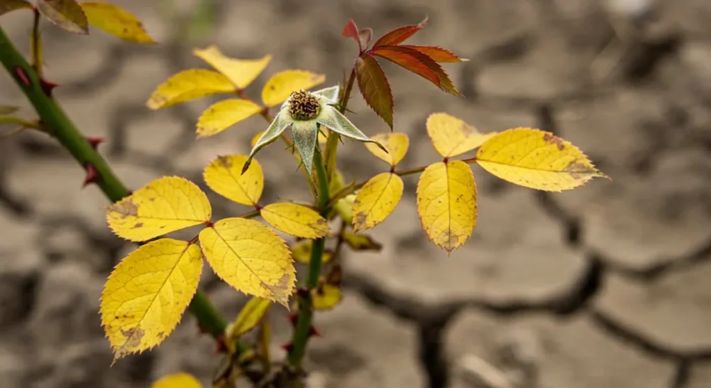 Wilted heirloom rose bush with yellow leaves due to overwatering or poor care.