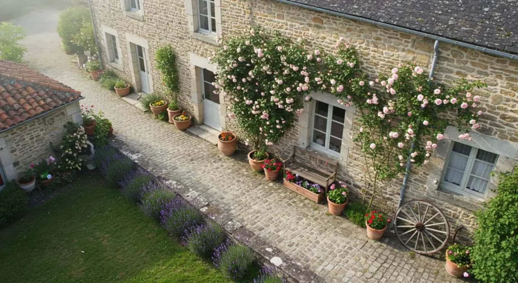 Bird's-eye view of a French stone cottage garden with cobblestone pathway, lavender, and climbing roses.