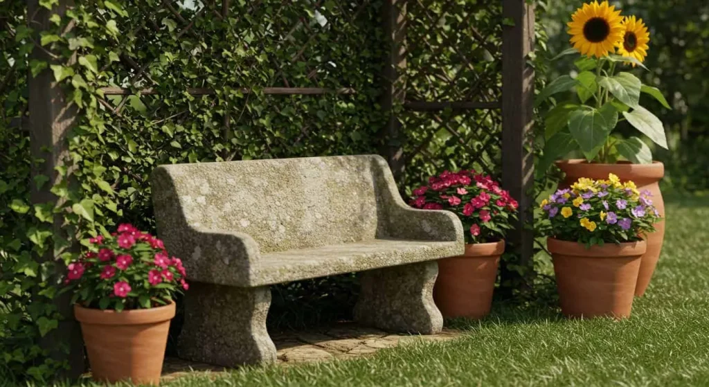 Stone bench under an ivy-covered pergola with terracotta pots in a French-inspired garden.