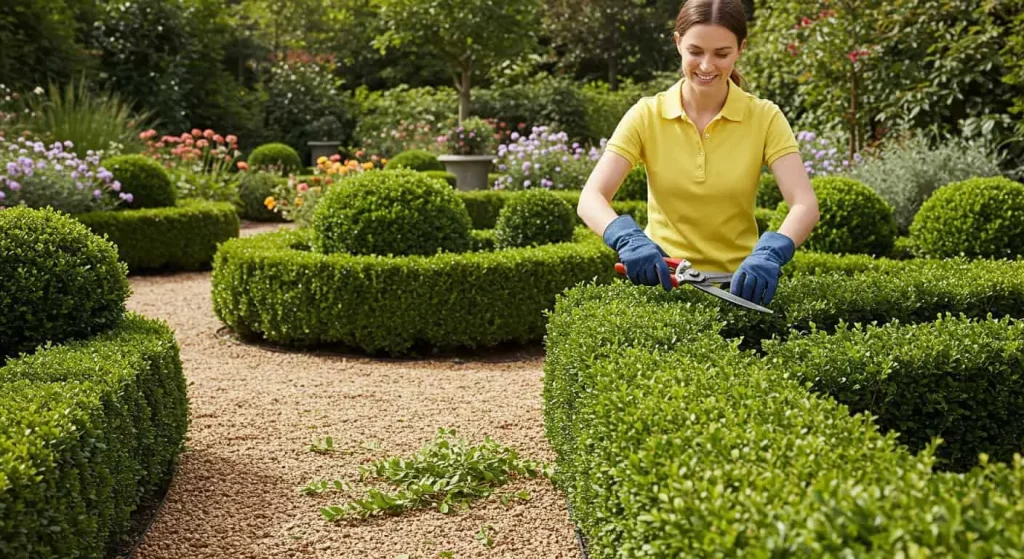 Gardener pruning boxwood hedges in a well-maintained French stone cottage garden.