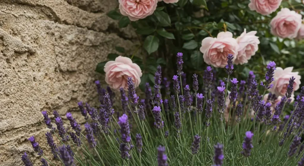 Lavender bushes and climbing roses against a stone wall in a French garden.