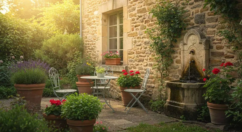 Wrought iron bistro set surrounded by potted plants and a water feature in a French garden.