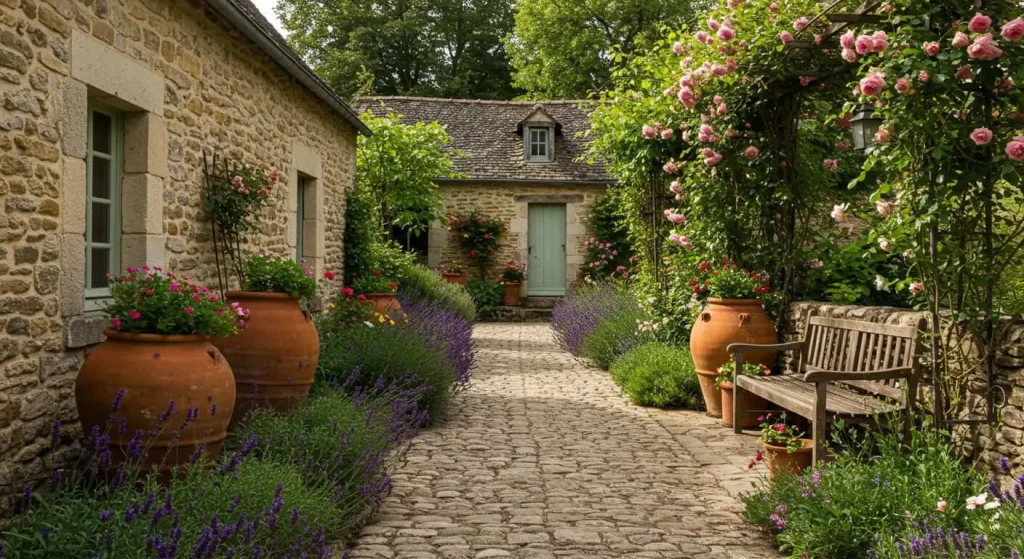 French stone cottage garden with cobblestone pathway, lavender, terracotta pots, and climbing roses under a pergola.