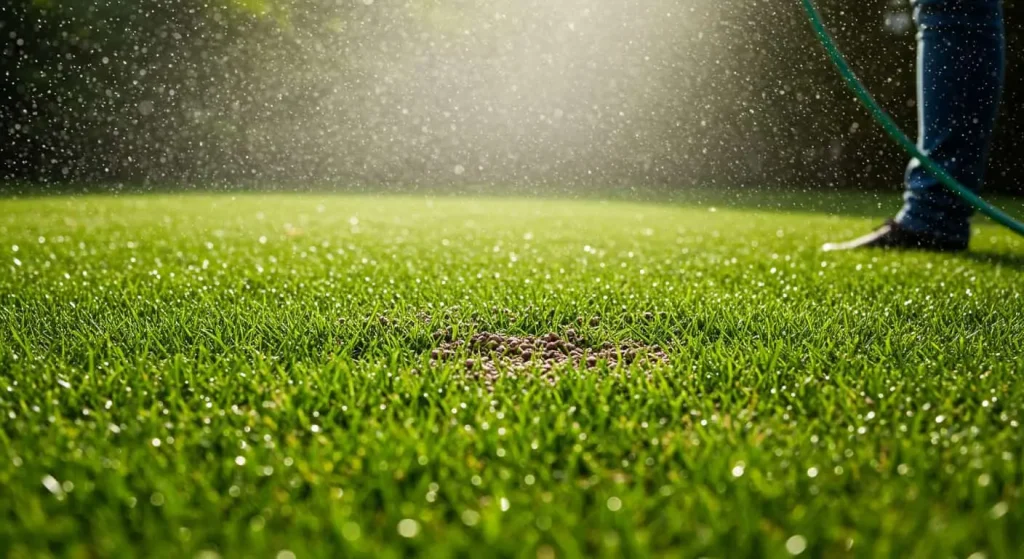 Healthy green lawn being watered after granular fertilizer application in the morning sunlight