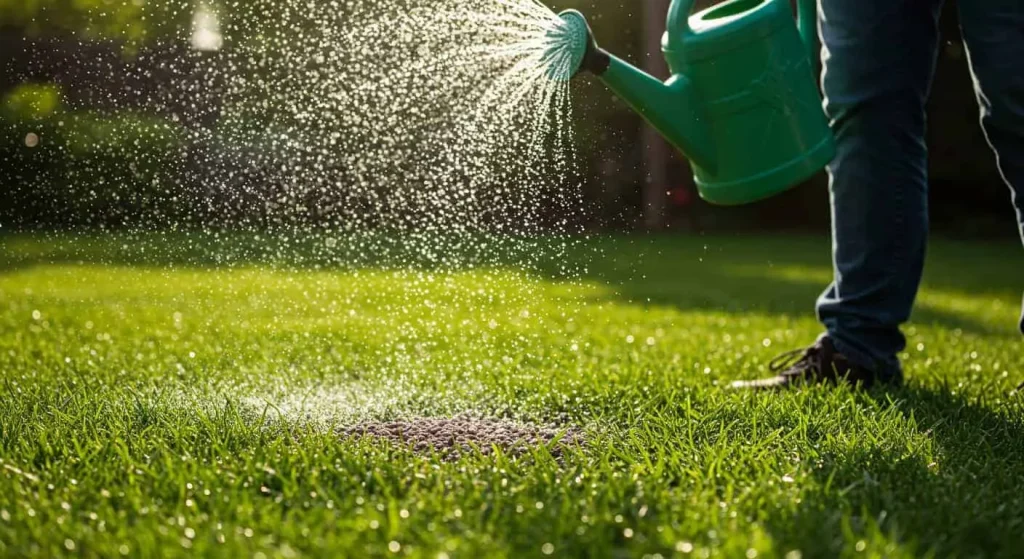 Person preparing to water granular fertilizer on a lush green lawn in the morning