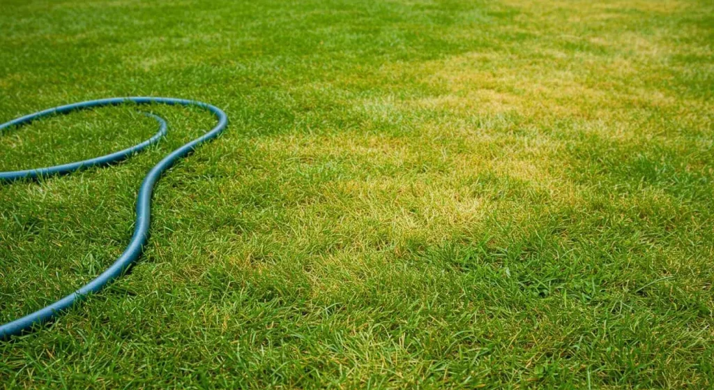 Yellow patches on a lawn caused by overwatering after fertilizing