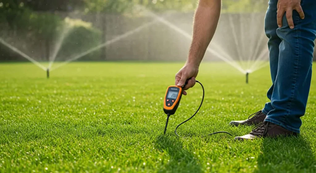 Person using a moisture meter to check soil after applying granular fertilizer